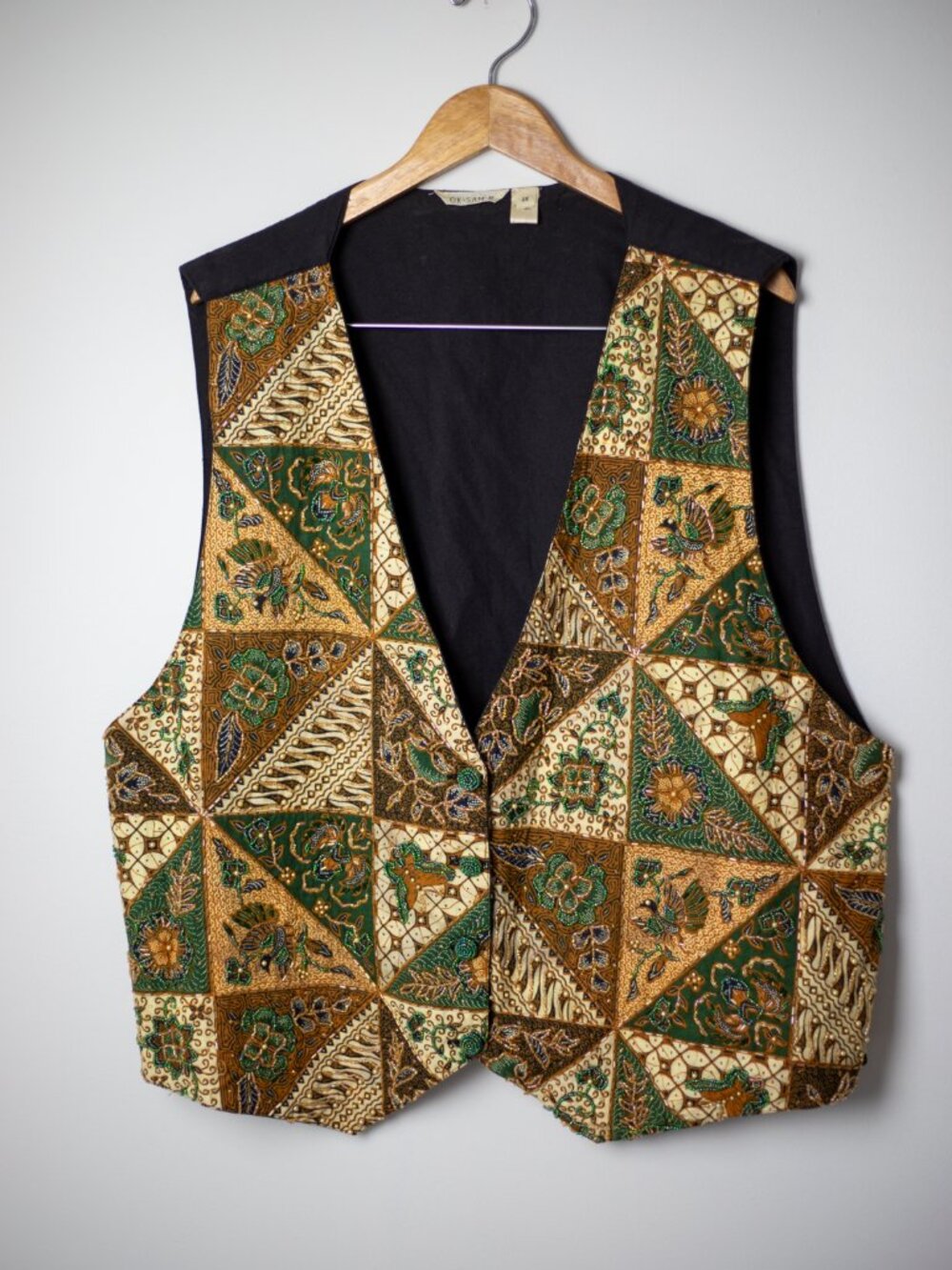 Vintage Hand Beaded Batik Patchwork Vest | Bugle Seed Beads | Tie Back | L/XL